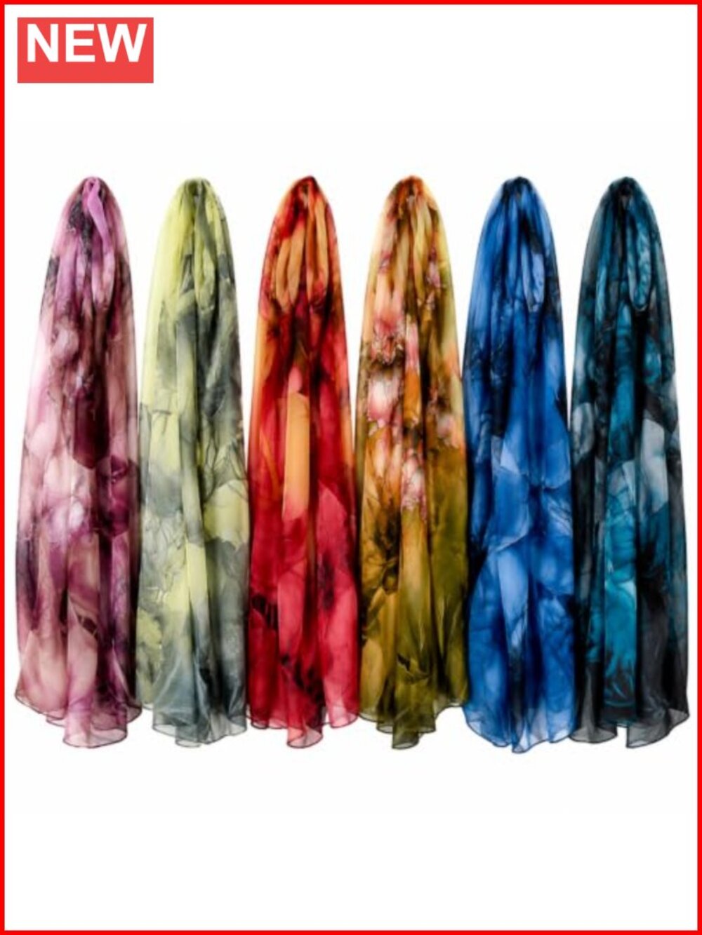 6 Pc Georgette Scarf Set Lightweight Lotus Print Long Shawl Wrap